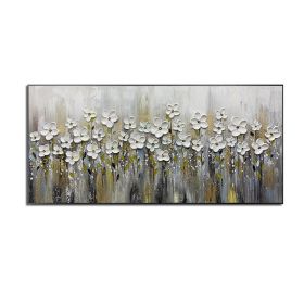 Handmade Gold Foil Abstract Oil Painting  Wall Art Modern Minimalist White Flowers Canvas Home Decorative For Living Room No Frame (size: 75x150cm)