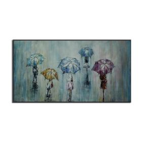 People Walking In The Rain With Umbrella Painting 100% Hand Painted Oil Painting On Canvas Decorative Blue Wall Art For House (size: 75x150cm)