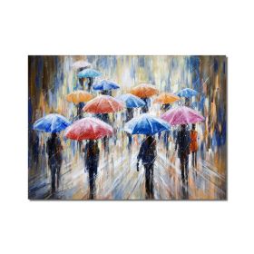 Large Abstract People Walking In The Rain With Umbrellas Painting 100% Handmade Oil Painting On Canvas Modern Decorative Wall Art (size: 100x150cm)